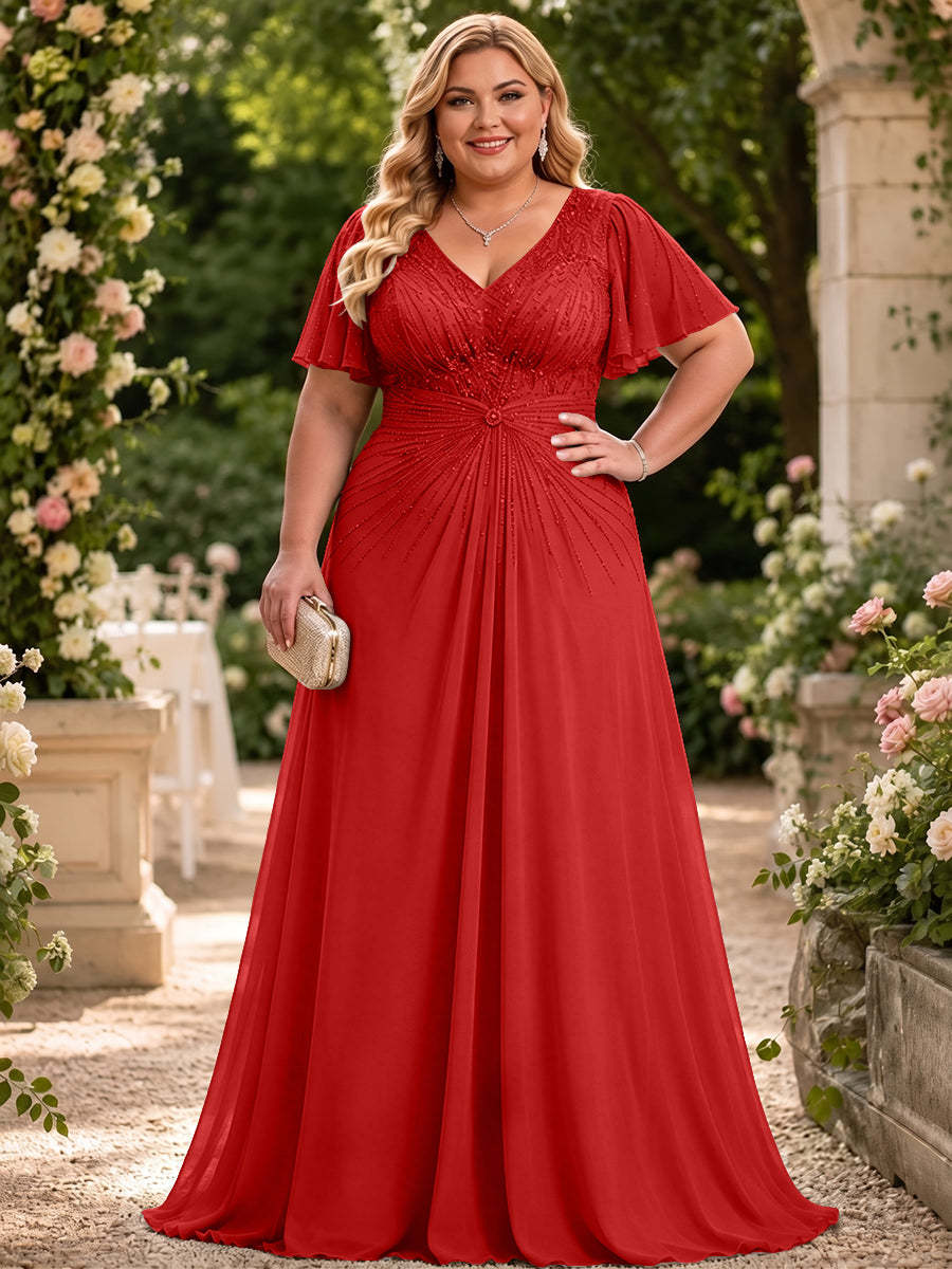 Chiffon A-Line V Neck Plus Size Mother of the Bride Dresses with Beadings - Kee1130069 Red