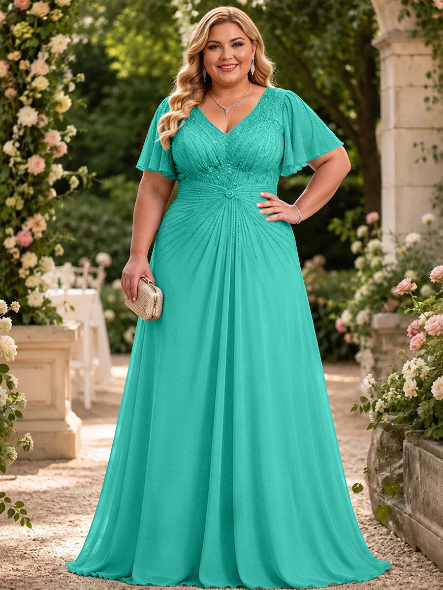 Chiffon A-Line V Neck Plus Size Mother of the Bride Dresses with Beadings - Kee1130069 Turquoise