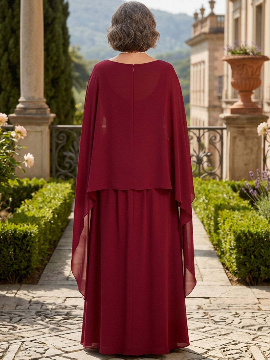 Dunkelrote Rückansicht des Chiffonkleids mit Reißverschluss und halben Ärmeln mit Stola - Maroon