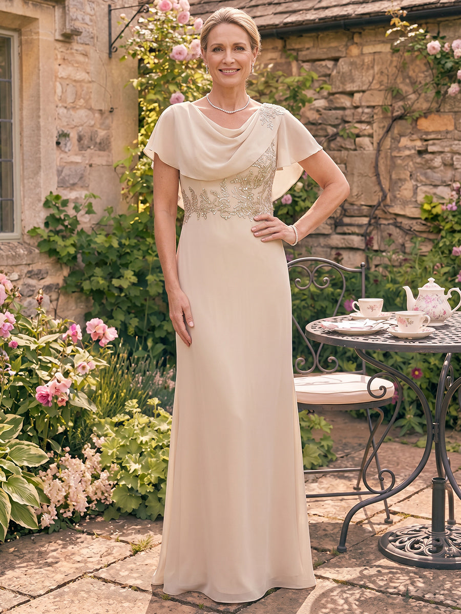 Champagnerfarbenes Brautmutterkleid mit Wasserfallausschnitt, Chiffon und Spitzenapplikation