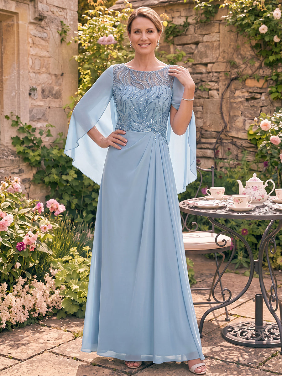 Himmelblaues Brautmutterkleid aus Chiffon mit U-Boot-Ausschnitt und Pailletten, Frontansicht - Light Blue