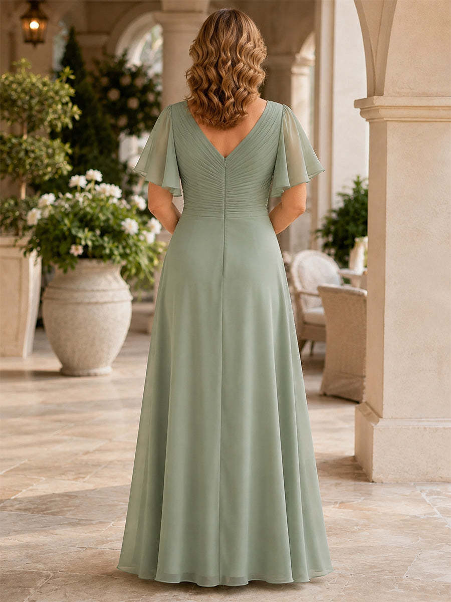 Rückansicht des salbeigrünen Chiffon-Kleids mit Reißverschluss und Meerjungfrau-Saum - Sage Green