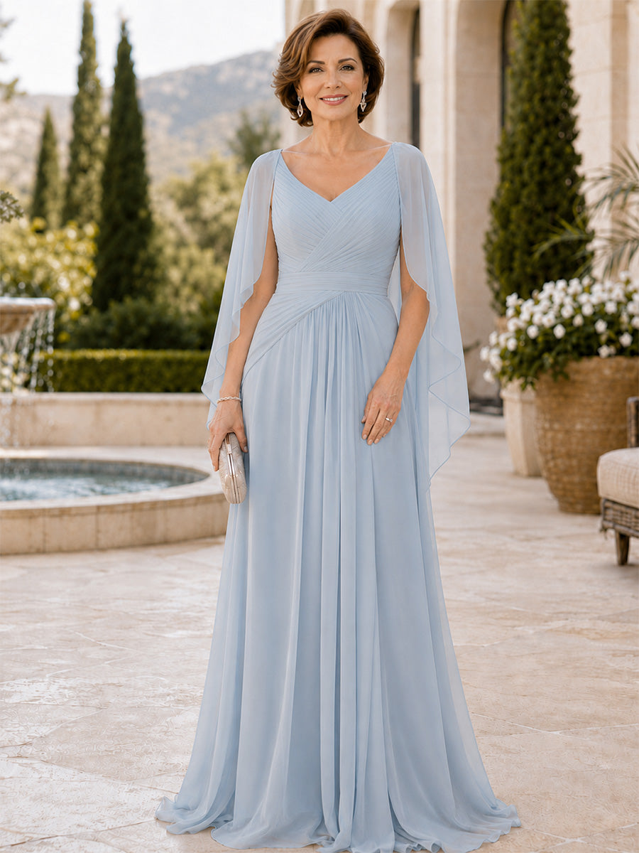 Hellblaues Brautmutterkleid mit V-Ausschnitt und plissiertem Chiffonoberteil - Light Blue