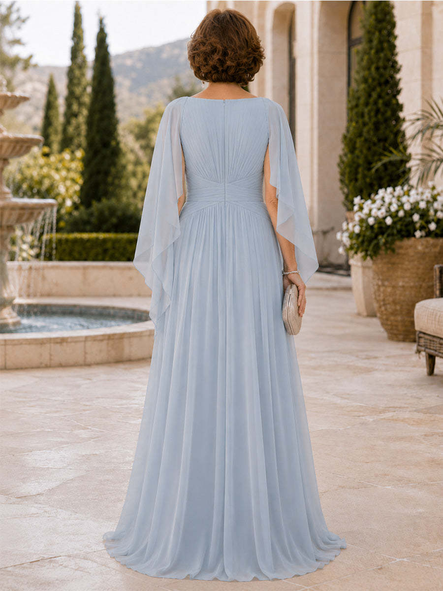 Rückansicht des hellblauen Chiffonkleids mit Reißverschluss und Stolaärmeln - Light Blue