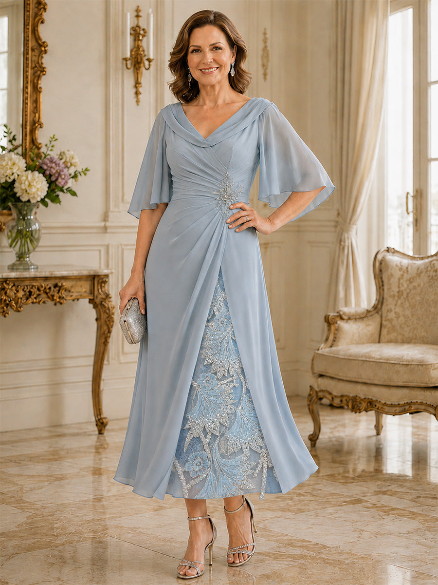 Himmelblaues Brautmutterkleid aus Chiffon mit V-Ausschnitt, Vorderansicht - Light Blue