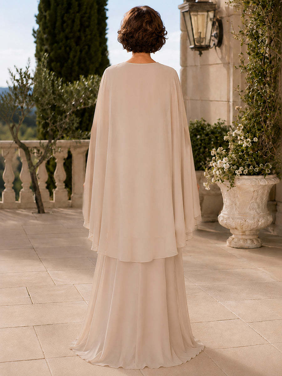 Rückansicht des Chiffon-Brautmutterkleids in Champagner mit Reißverschluss und Stola