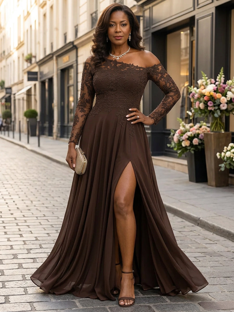 Braunes Chiffonkleid für die Brautmutter mit asymmetrischem Ausschnitt, Vorderansicht - Brown