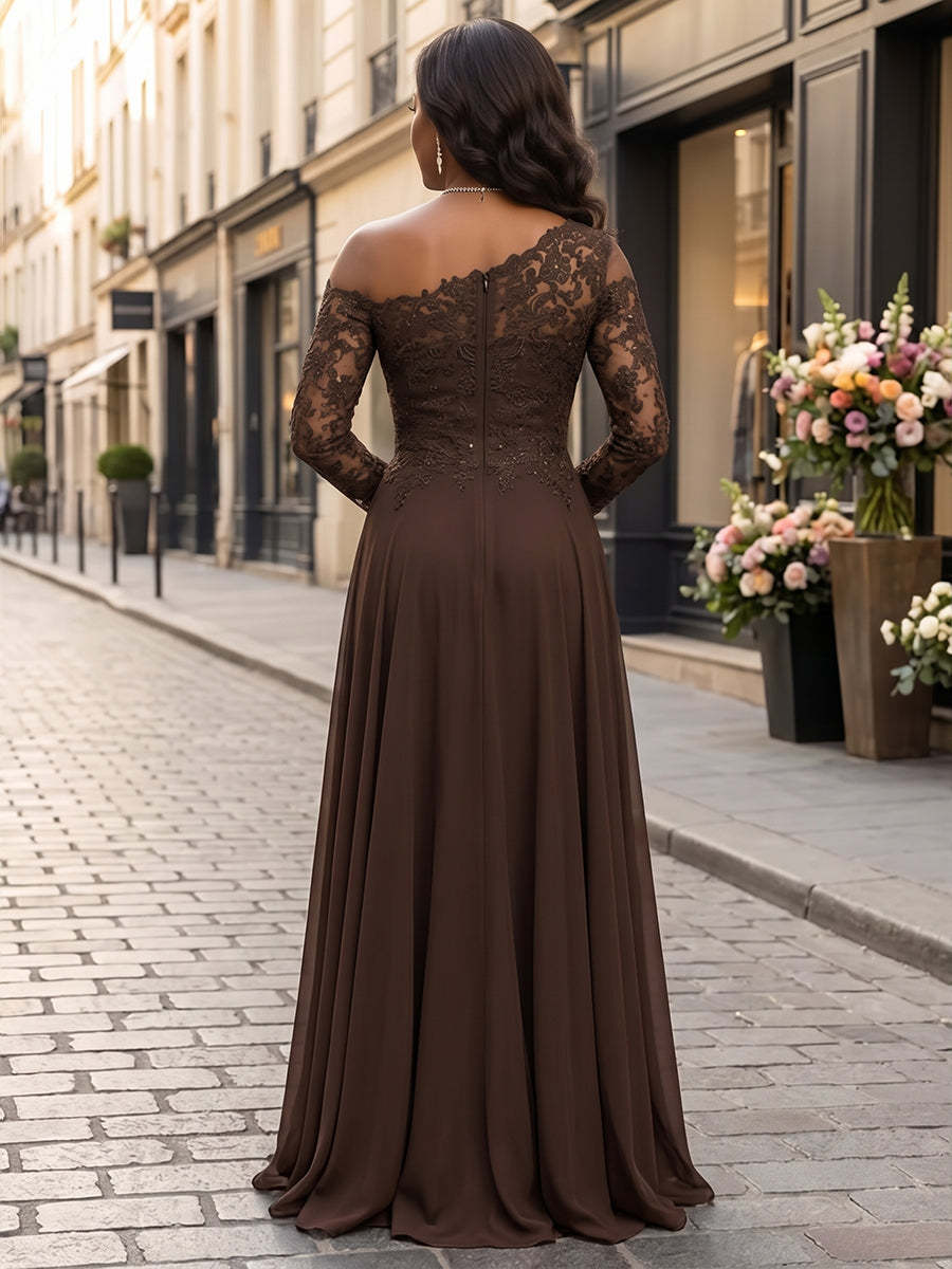 Rückansicht des braunen Brautmutterkleids mit Raffungen und Reißverschluss - Brown