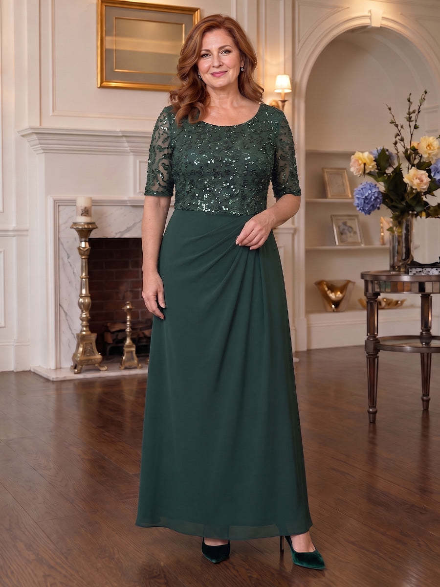 Waldgrünes Brautmutterkleid mit halben Ärmeln und Raffungen, vorne - Forest Green