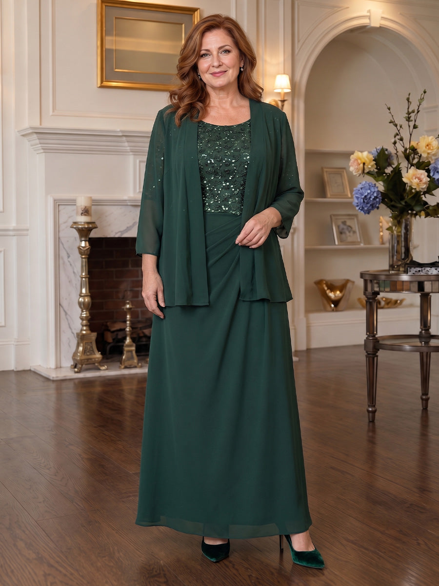 Dunkelgrünes Chiffon-Brautmutterkleid mit U-Ausschnitt in Frontansicht - Dark Green