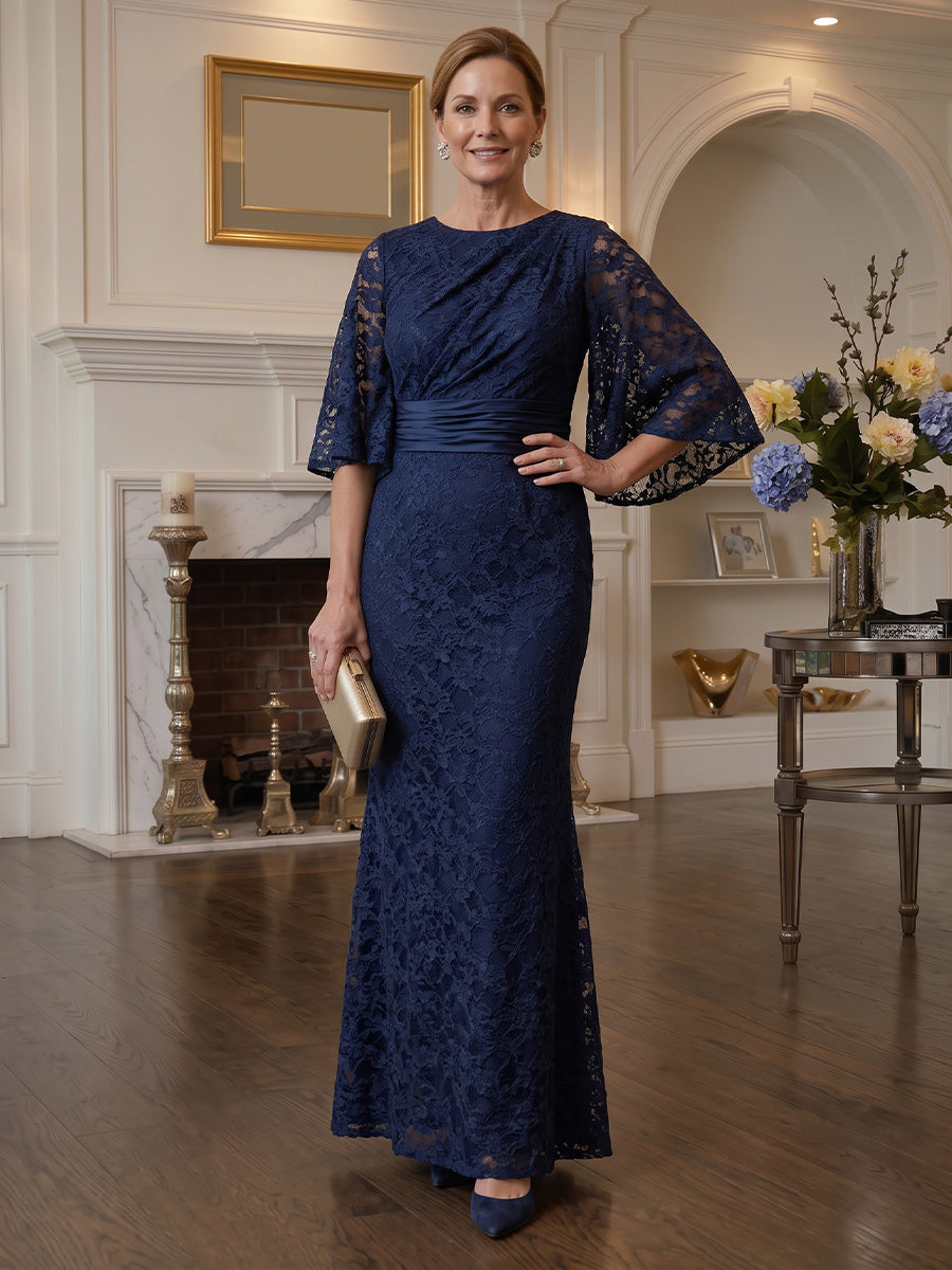 Navyblaues Brautmutterkleid aus Blumenspitze mit U-Ausschnitt und Glockenärmeln - Navy Blue