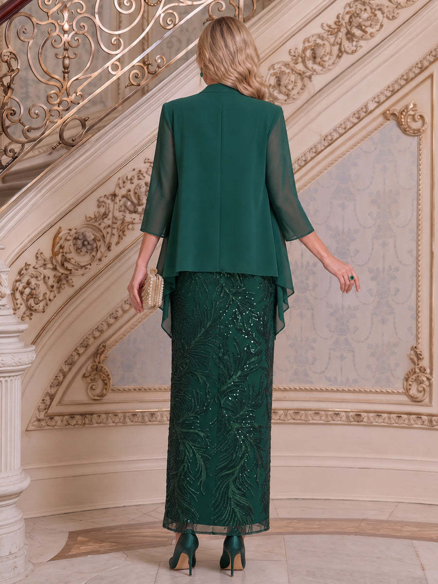 Rückansicht des dunkelgrünen Paillettenkleids mit Reißverschluss und Jacke - Dark Green