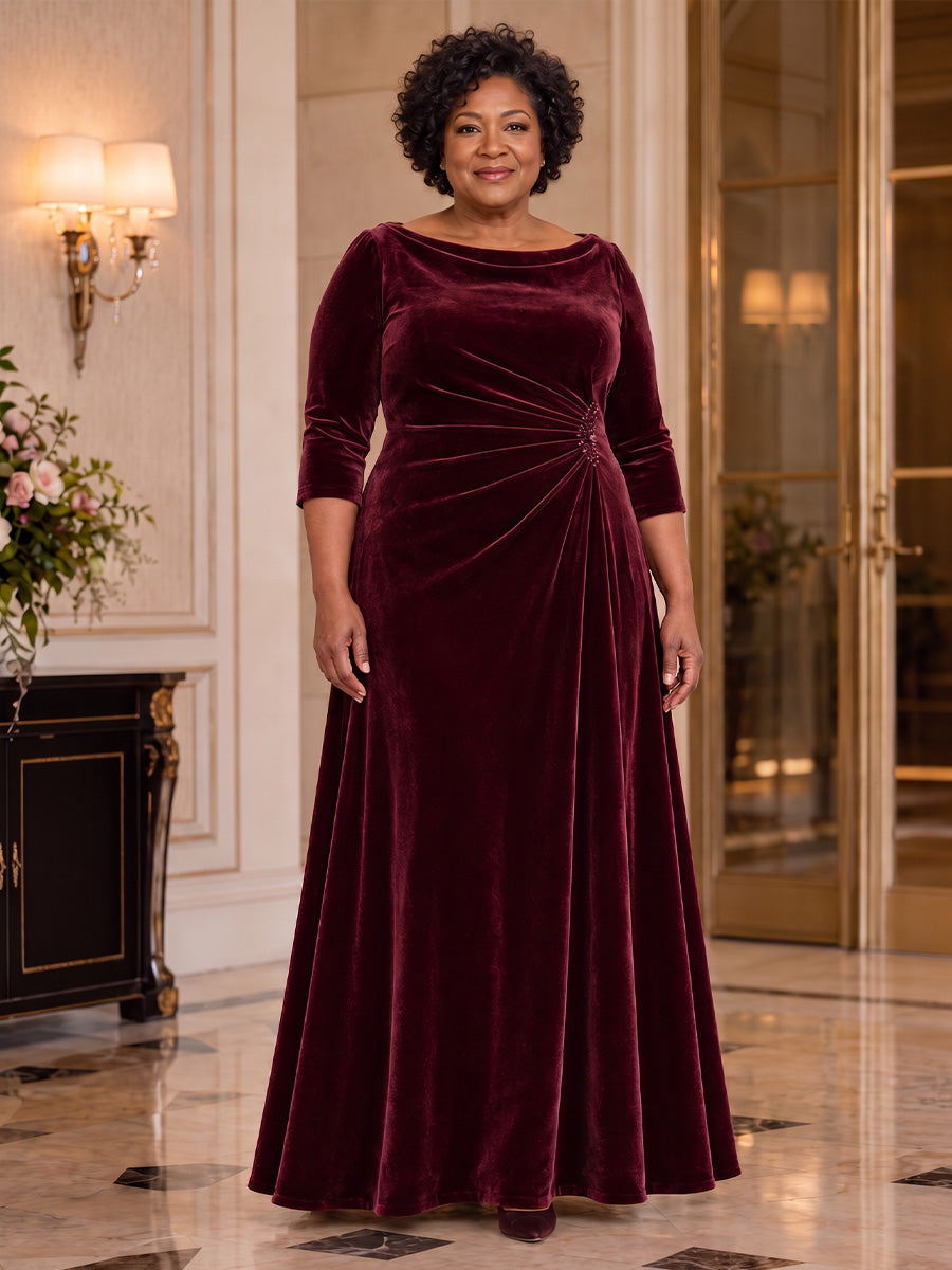Weinrotes Samtkleid für die Brautmutter mit U-Boot-Ausschnitt und Raffungen, Frontansicht - Burgundy