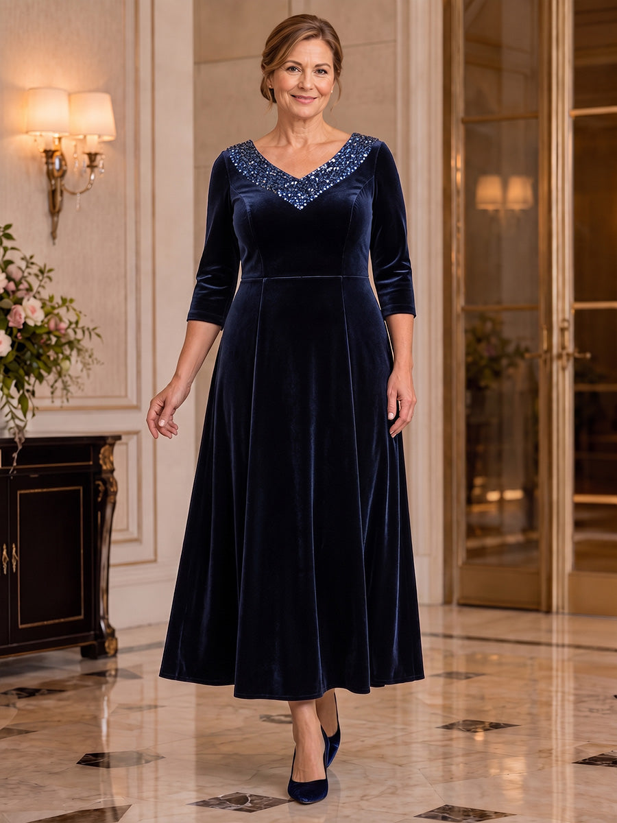 Marineblaues Samtkleid für die Brautmutter mit V-Ausschnitt und 3/4-Ärmeln - Navy Blue