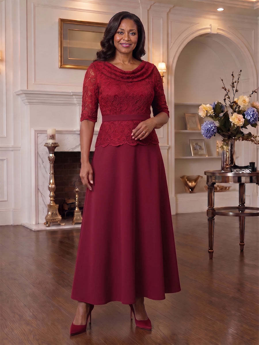 Weinrotes Brautmutterkleid aus Satin mit Wasserfallausschnitt, Frontansicht - Burgundy