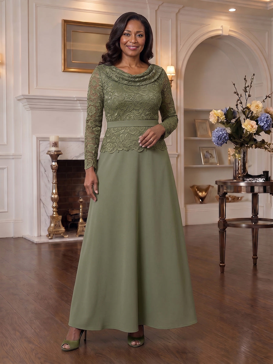 Olivgrünes Brautmutterkleid aus Satin mit Wasserfallausschnitt, Frontansicht - Olive Green
