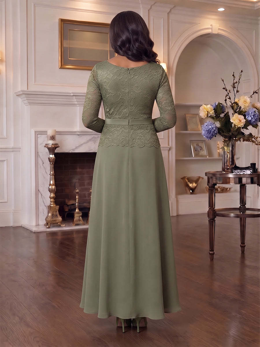 Rückansicht des olivgrünen Brautmutterkleids mit Reißverschluss und Spitzenapplikation - Olive Green