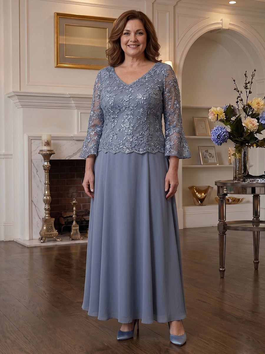 Brautmutterkleid aus schieferblauem Chiffon mit V-Ausschnitt und langen Ärmeln, Vorderansicht - Slate Blue