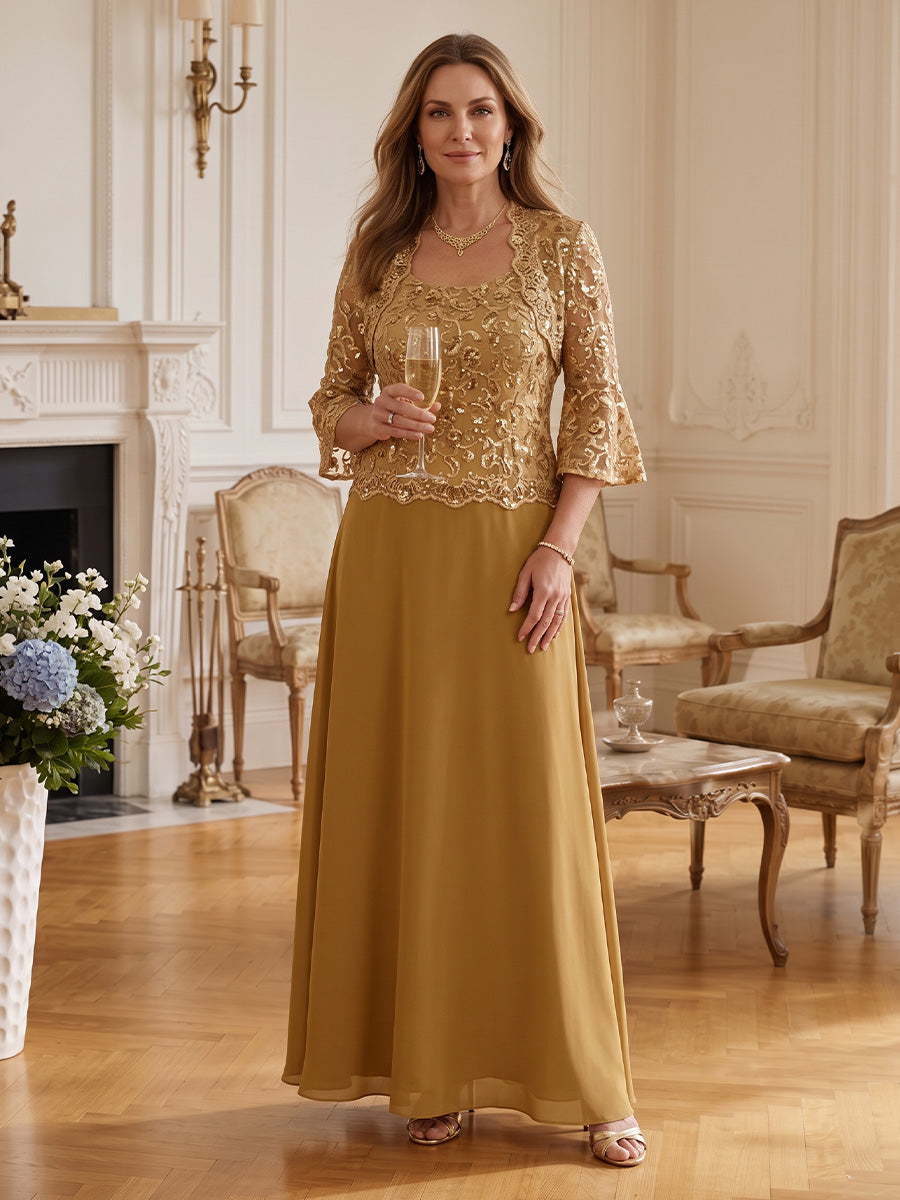 Goldenes Brautmutterkleid aus Chiffon mit Pailletten-Applikation, Vorderansicht