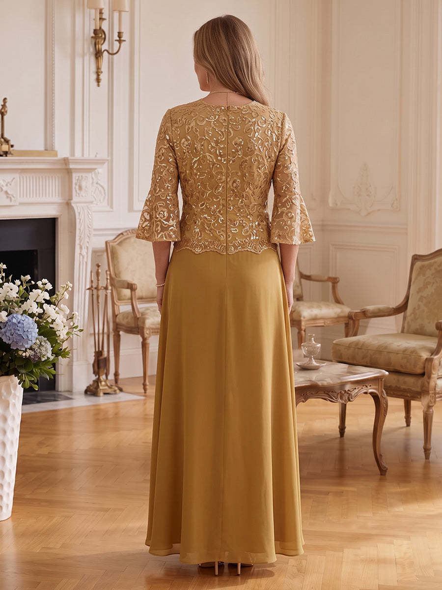 Rückansicht des goldenen Chiffon-Kleids mit Reißverschluss und 3/4-Ärmeln