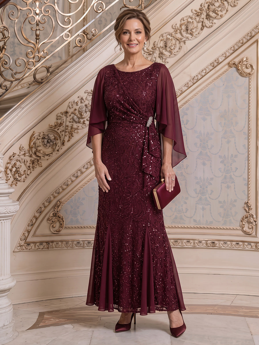 Weinrotes Paillettenkleid für die Brautmutter mit U-Ausschnitt, Frontansicht - Burgundy