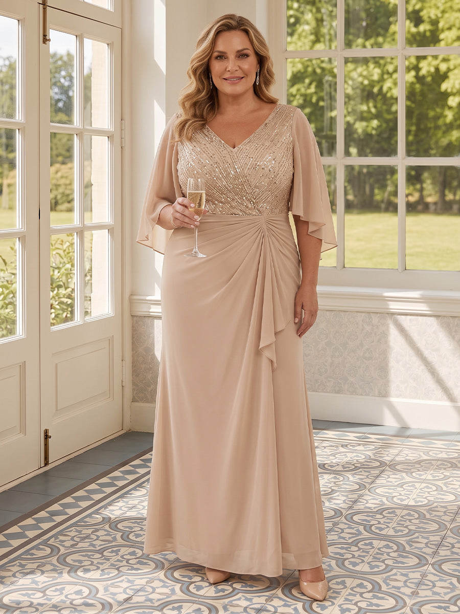 Champagnerfarbenes Brautmutterkleid mit V-Ausschnitt und Paillettenstickerei