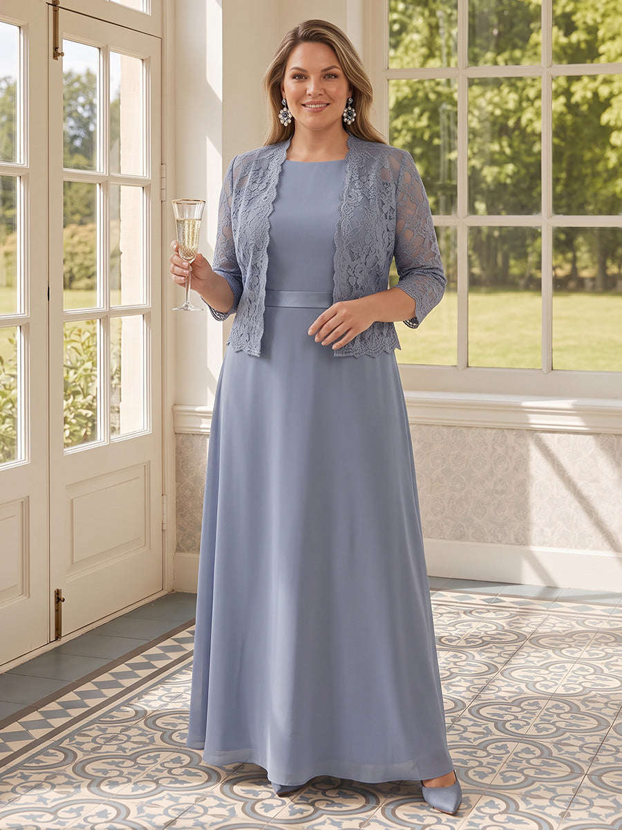 Chiffonkleid in Dusty Blau mit rundem Ausschnitt und 3/4 Ärmeln, Vorderansicht - Dusty Blue