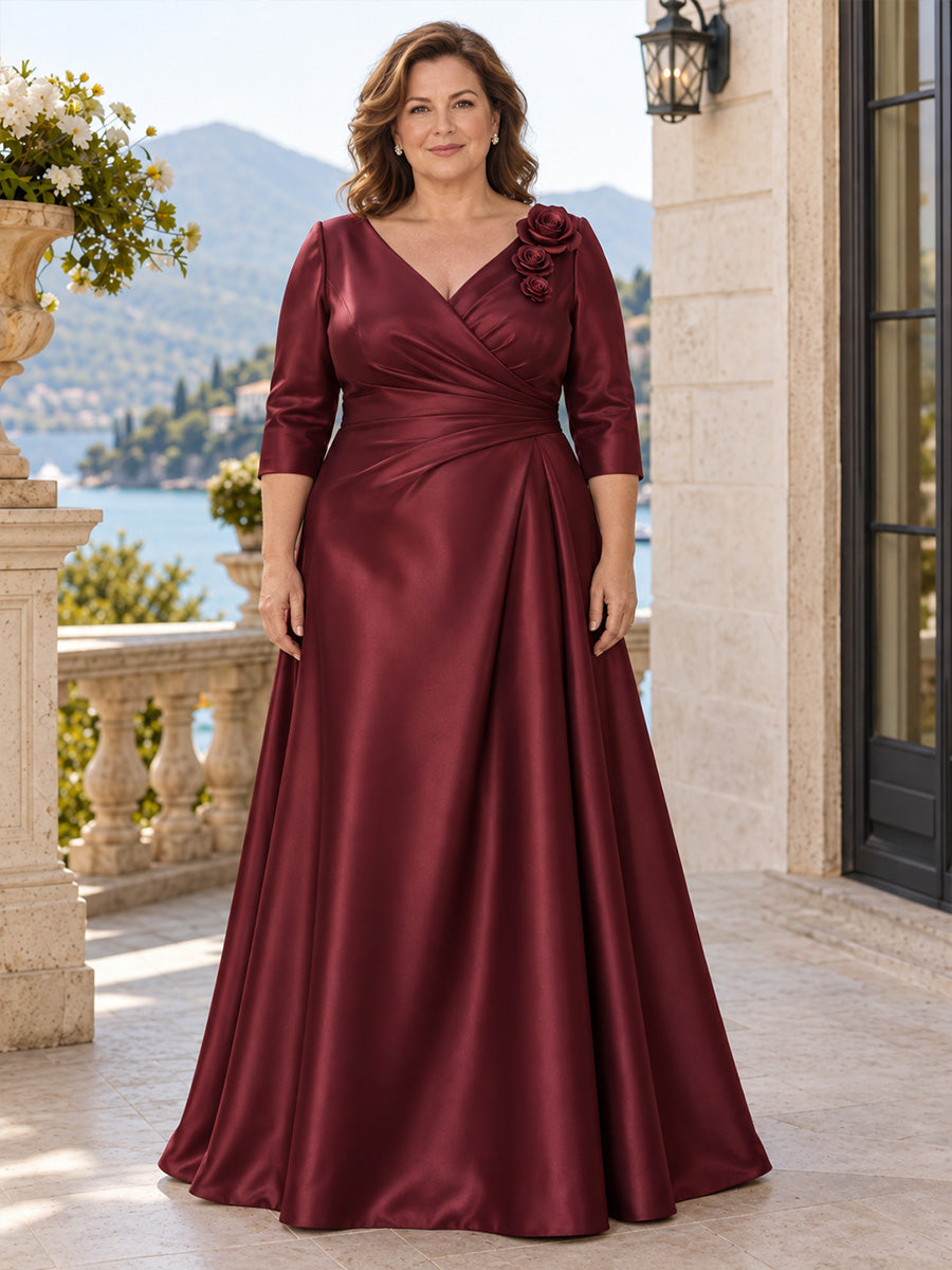 Weinrotes Brautmutterkleid aus Satin mit V-Ausschnitt und 3D-Blumenapplikation - Burgundy