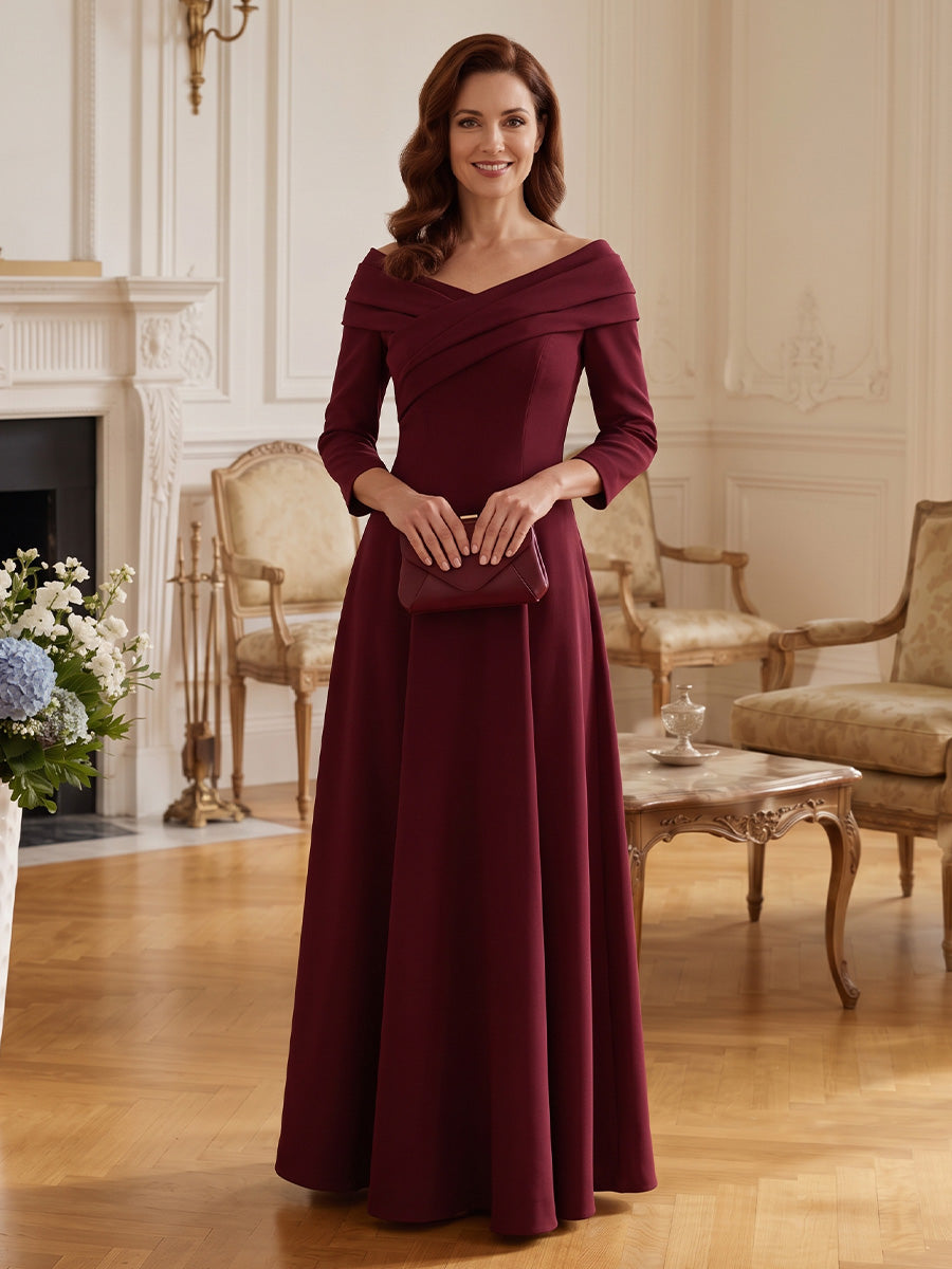 Weinrotes Brautmutterkleid in Frontansicht mit V-Ausschnitt und drapiertem Oberteil - Burgundy