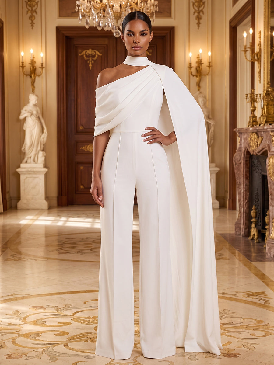 Langer Jersey-Abendjumpsuit in Weiß, Vorderansicht mit asymmetrischem Ausschnitt - White