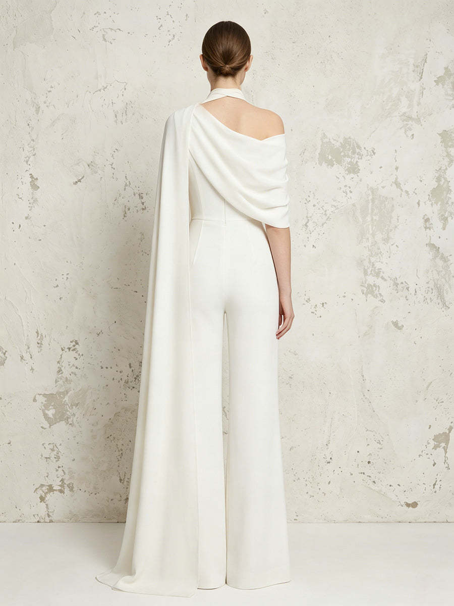 Abendjumpsuit in Elfenbein, Rückansicht mit Reißverschluss - Ivory