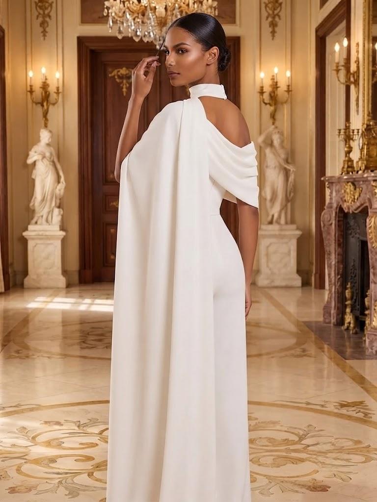 Seitenansicht des elfenbeinfarbenen Jumpsuits mit fallender Schärpe - Ivory