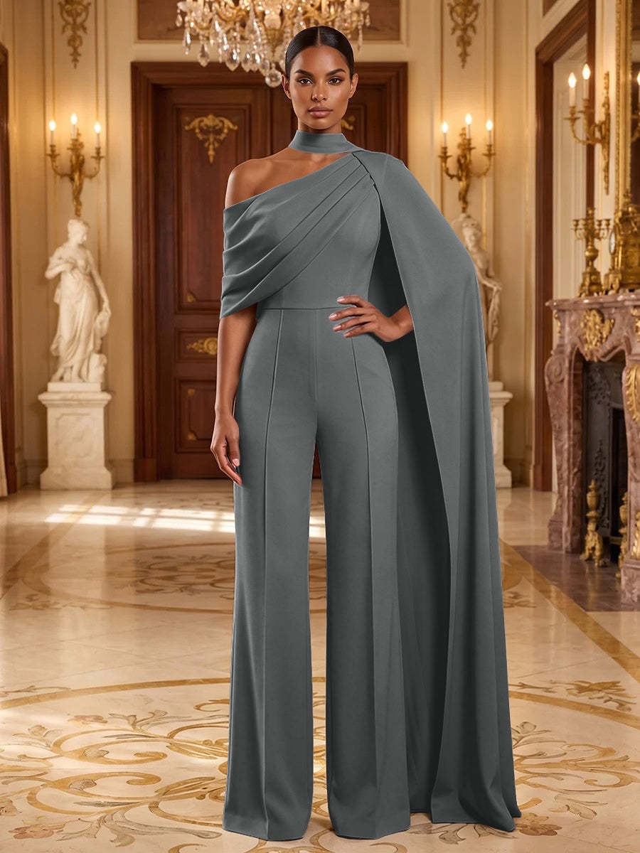 Jersey-Abendjumpsuit in Grau, Vorderansicht mit kurzen Ärmeln - Kee1160094 Gray