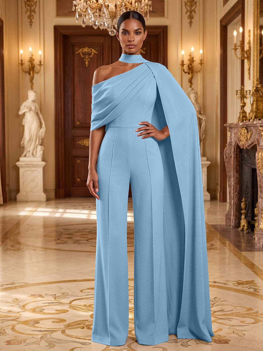 Jersey-Kee1160094 Light Blue Jumpsuit in Hellblau, Vorderansicht mit asymmetrischem Ausschnitt
