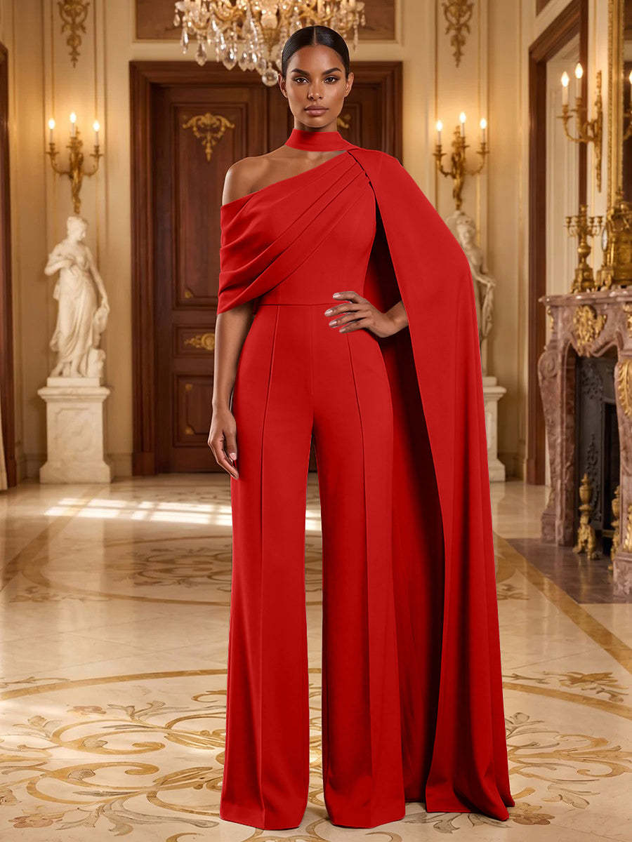 Langer Abendjumpsuit in Rot, Vorderansicht mit Raffungen - Kee1160094 Red