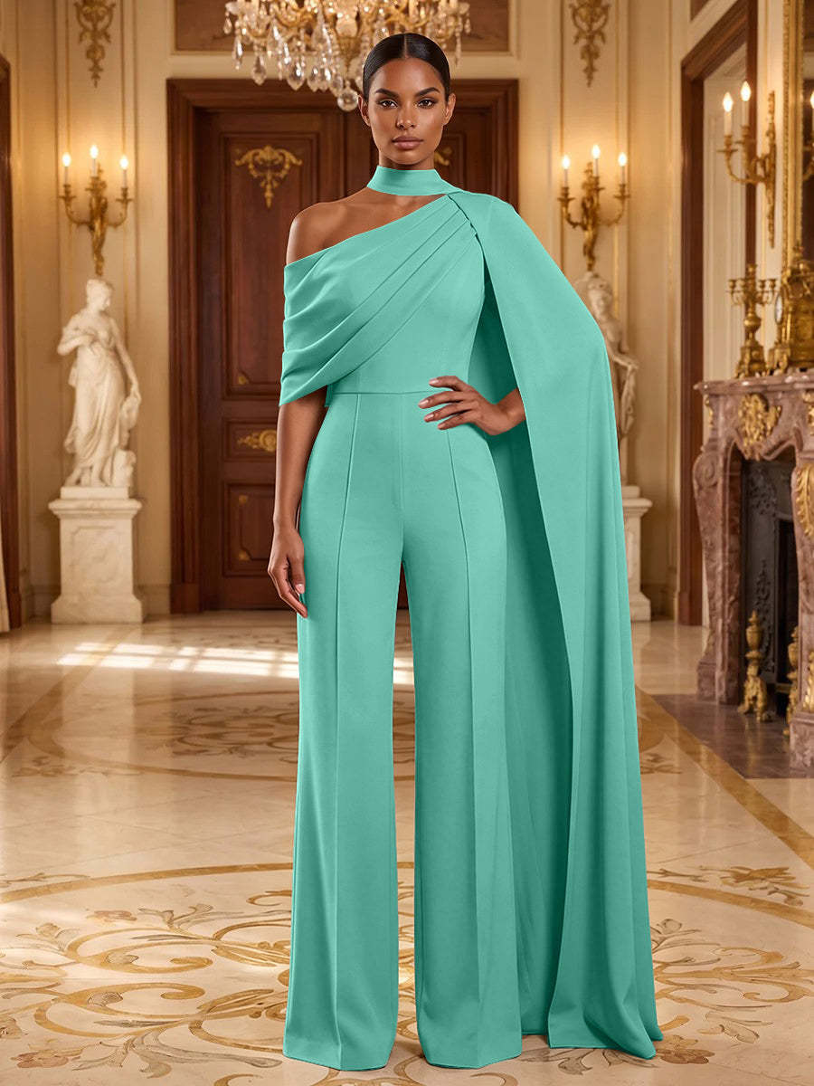 Jersey-Kee1160094 Turquoise Jumpsuit in Türkis, Vorderansicht mit asymmetrischem Ausschnitt