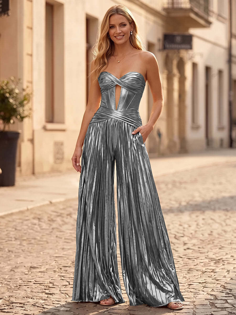 Silberner Metallic-Satin-Kee1160746 Gray Jumpsuit mit Raffungen, Vorderansicht