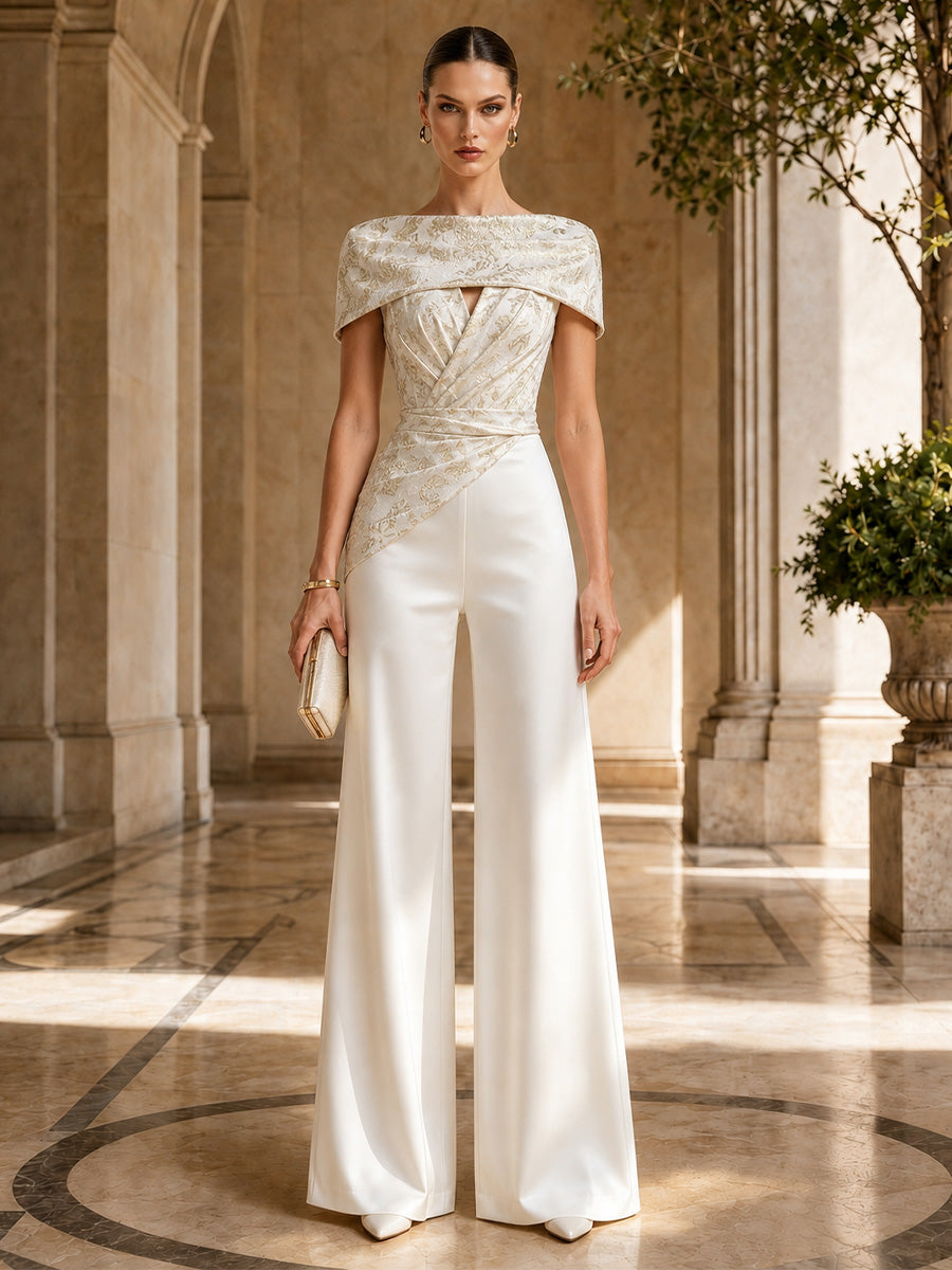 Weißer Satin-White Jumpsuit mit Off-the-Schulter-Ausschnitt, Vorderansicht