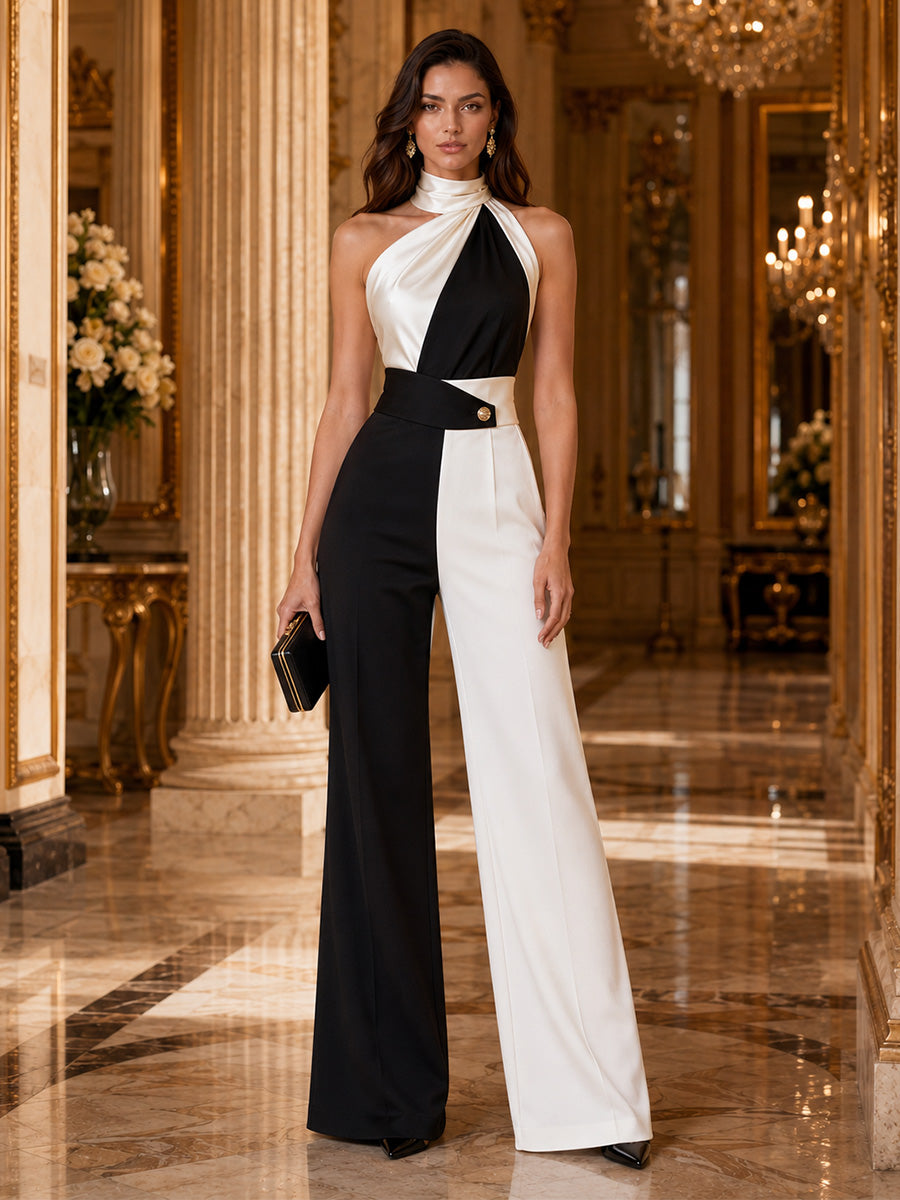 Schwarz-weißer Black and White Jumpsuit mit Halterausschnitt und Plisseefalten, Vorderansicht