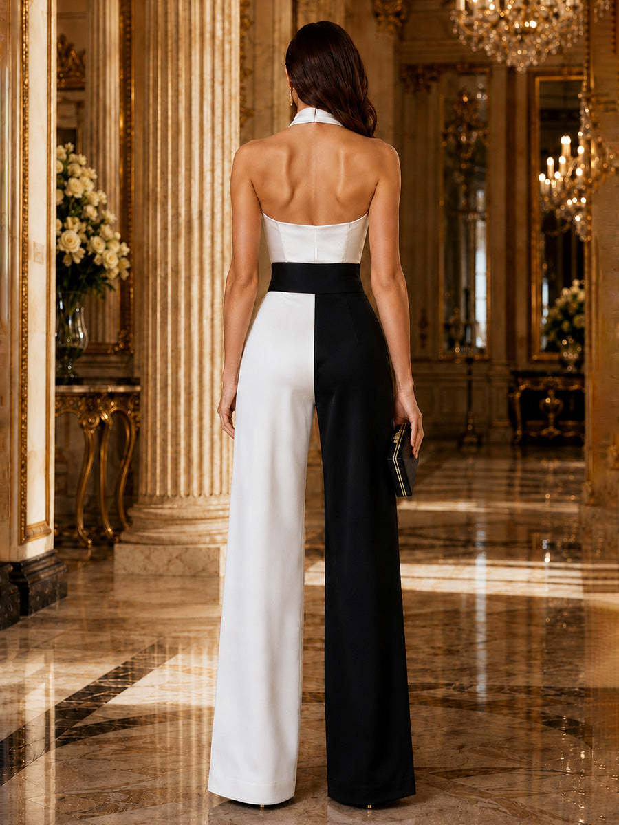 Weiß-schwarzer White and Black Jumpsuit, Rückansicht mit Reißverschluss und Träger