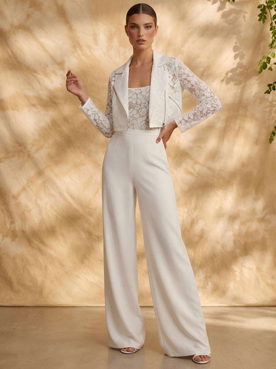 Weißer White Jumpsuit mit Spitzenapplikation und eckigem Ausschnitt, Vorderansicht