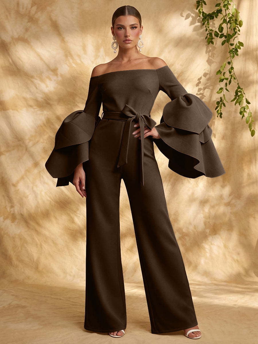 Brauner Satin-Kee1160944 Brown Jumpsuit mit langen Ärmeln und Plissee, Vorderansicht