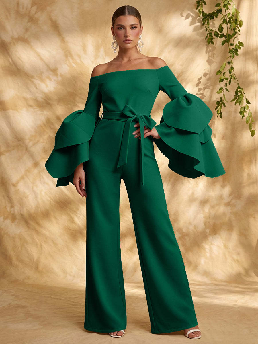 Grüner Satin-Kee1160944 Dark Green Jumpsuit mit plissiertem Oberteil, Vorderansicht