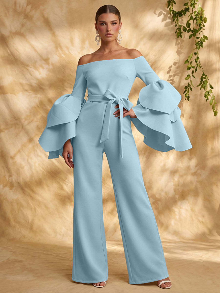 Hellblauer Satin-Kee1160944 Light Blue Jumpsuit mit langen Ärmeln, Vorderansicht