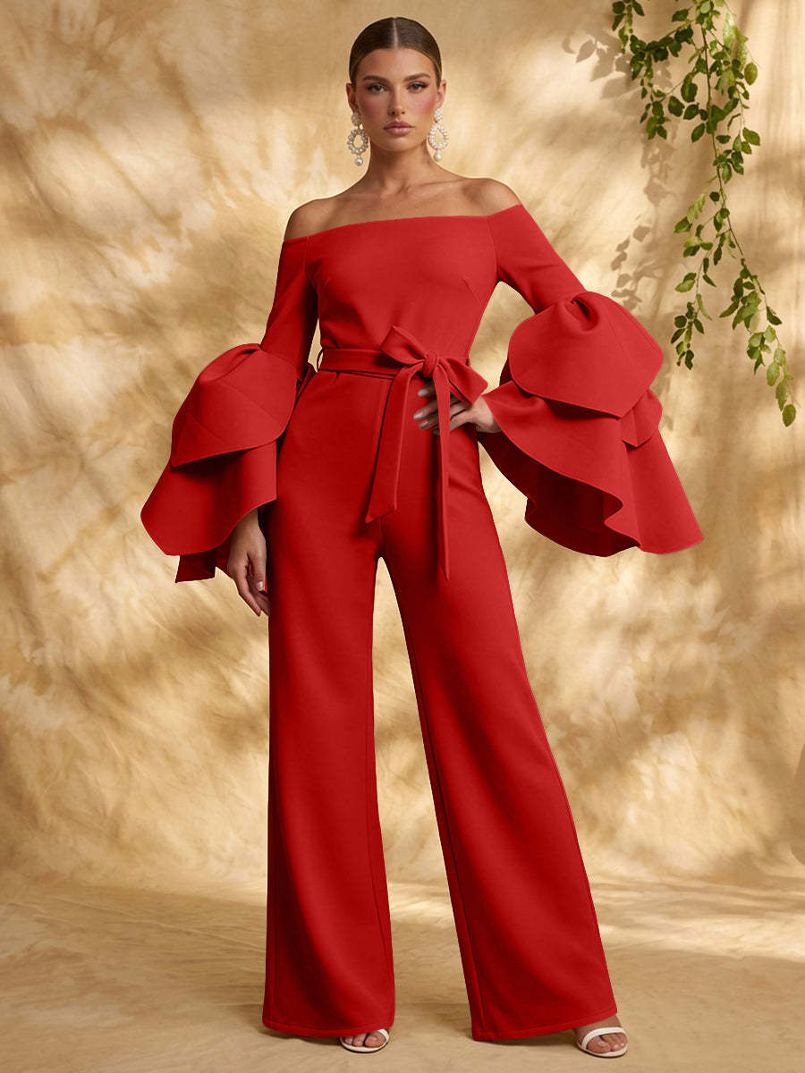 Roter Satin-Kee1160944 Red Jumpsuit mit schulterfreiem Ausschnitt, Vorderansicht