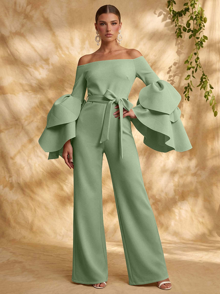 Salbeigrüner Satin-Kee1160944 Sage Jumpsuit mit schulterfreiem Ausschnitt, Vorderansicht