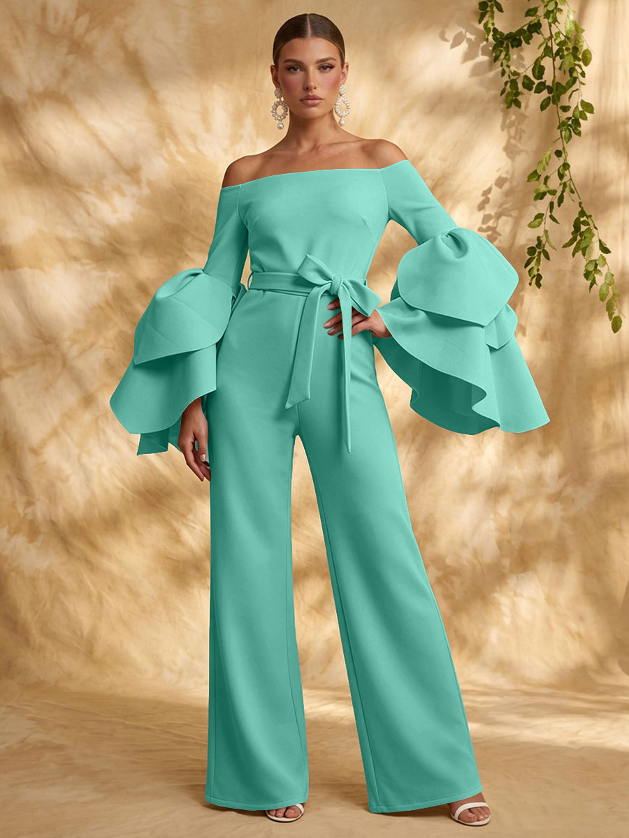Mintgrüner Satin-Kee1160944 Turquoise Jumpsuit mit langen Ärmeln, Vorderansicht