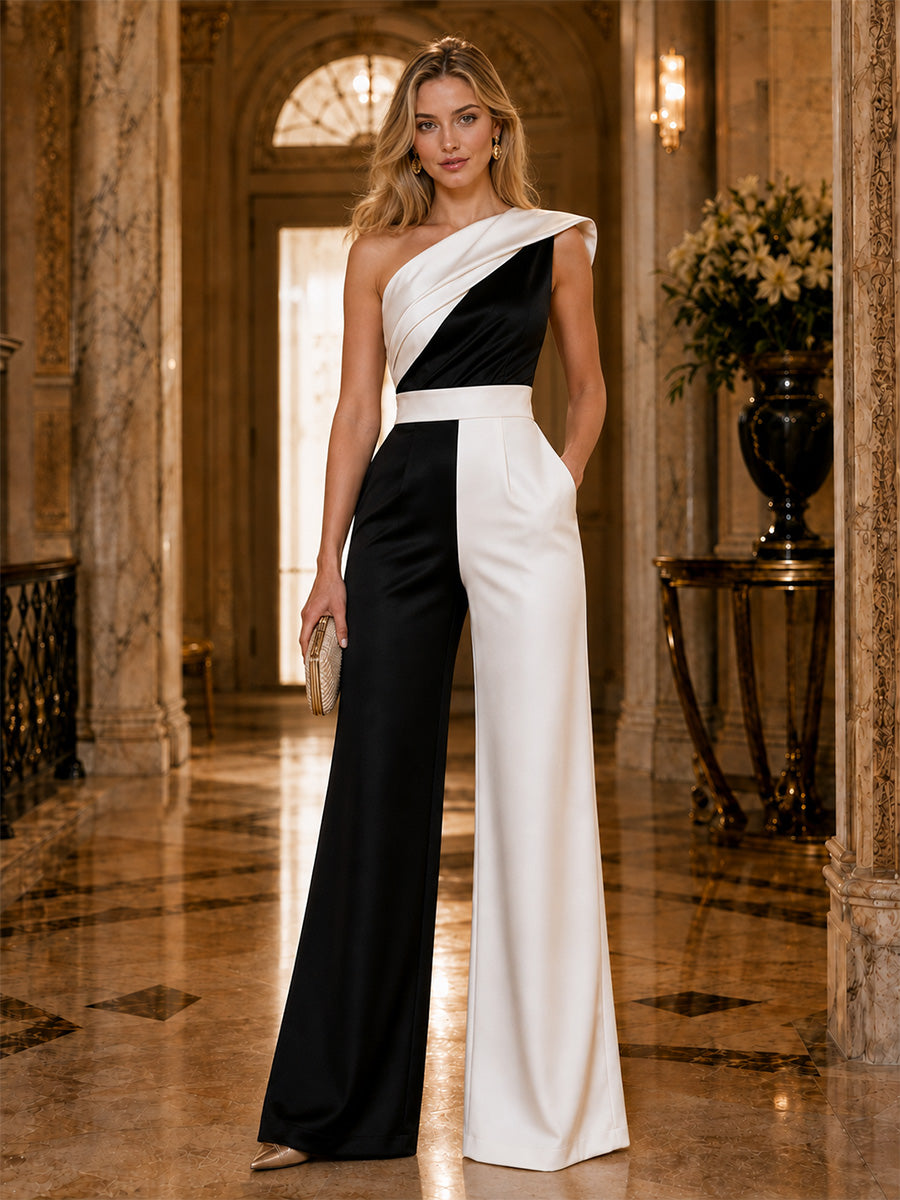 Schwarzer Black and White Jumpsuit mit weißem Farbblock, Vorderansicht