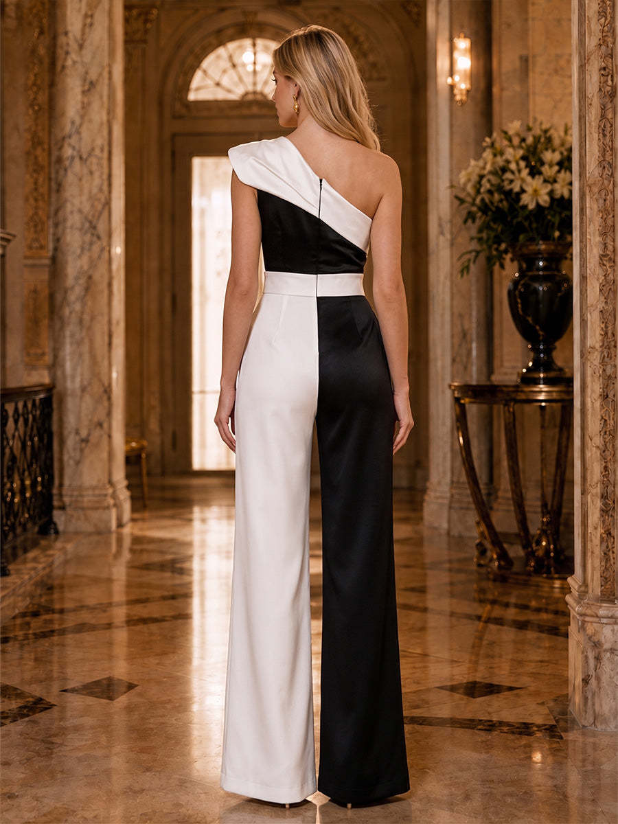 White and Black Jumpsuit in Schwarz und Weiß, Rückansicht mit Reißverschluss