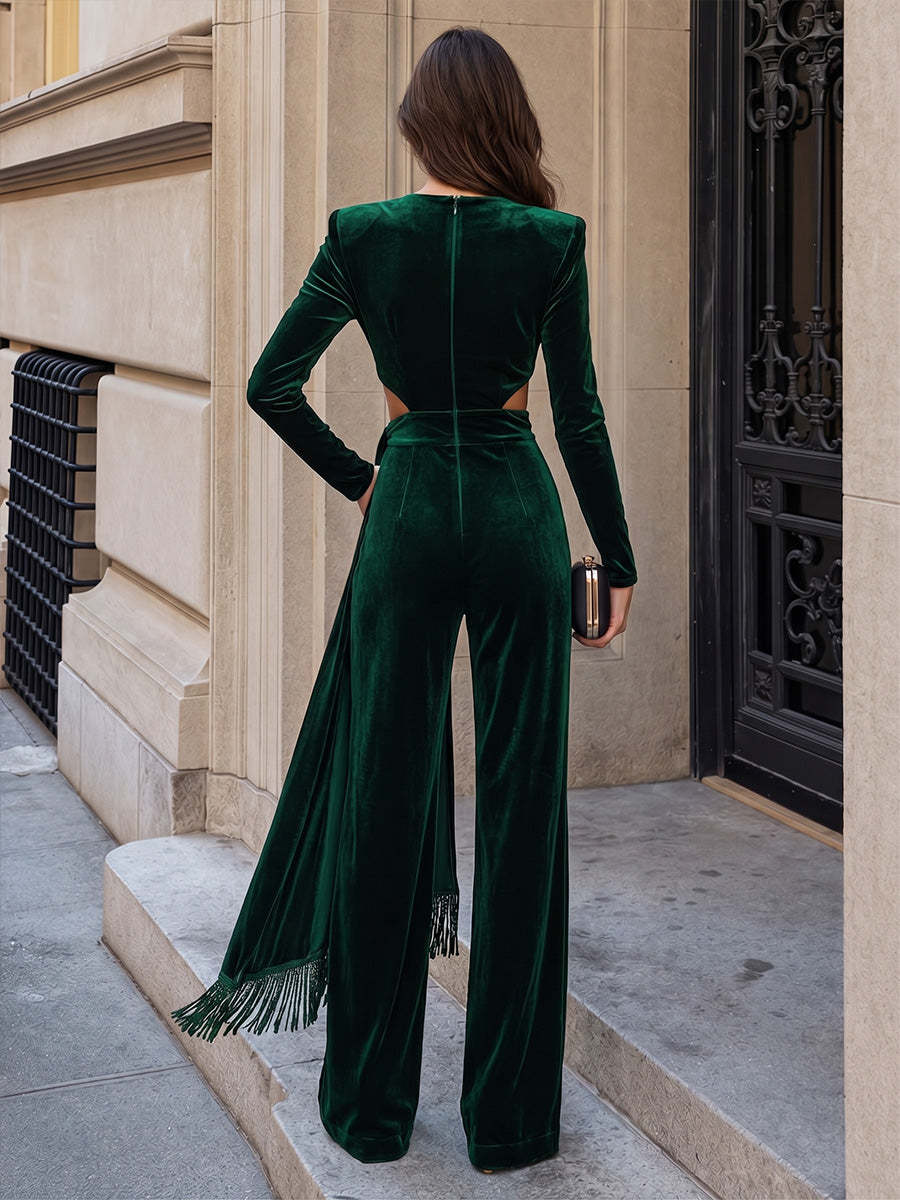 Rückansicht des dunkelgrünen Samt-Jumpsuits mit Reißverschluss im Rücken - Dark Green